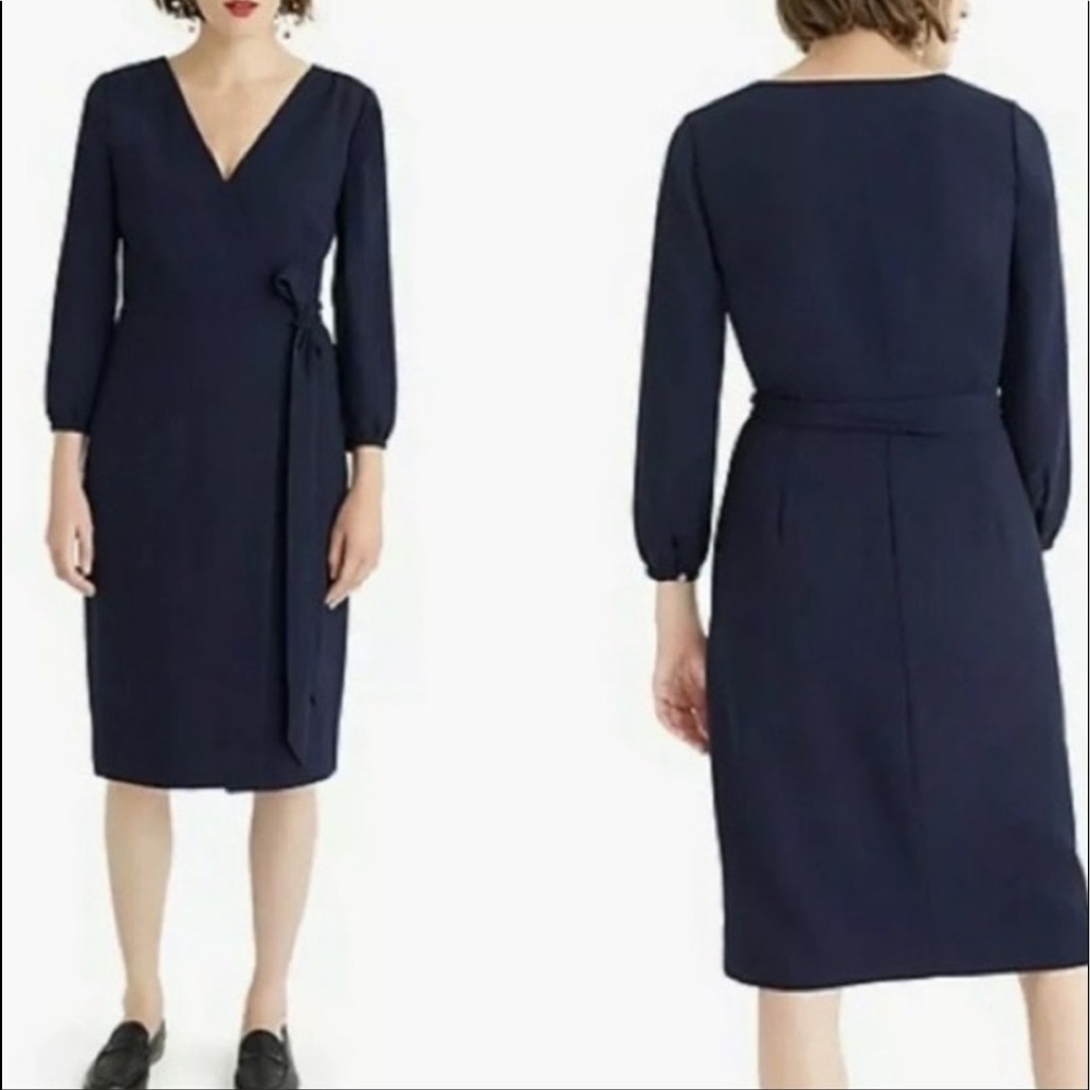 J Crew Crepe Wrap Midi Dress Long Sleeves V-Neck Navy Blue Sz 10 Tall